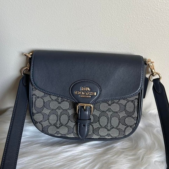 Coach Handbags - Coach Signature Jacquard Leather Saddle Bag Navy Blue Crossbody C4059
